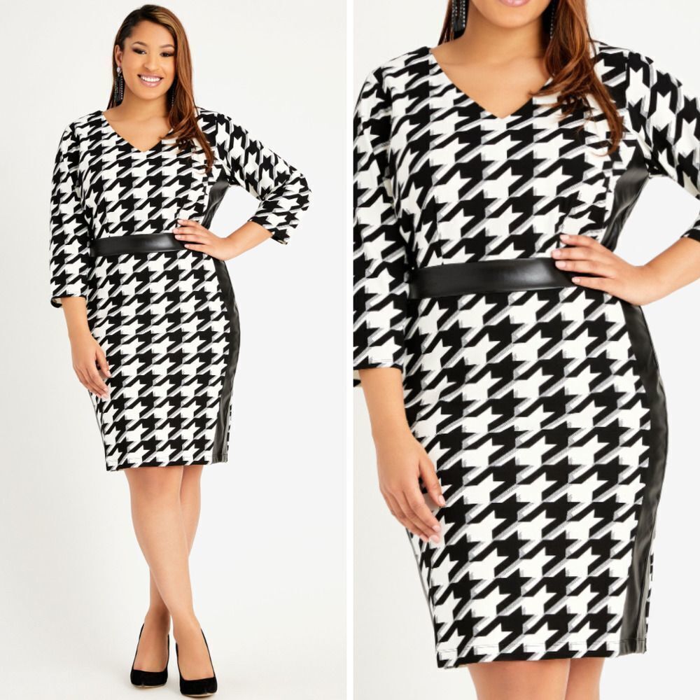 Ashley Stewart Black and White Houndstooth Midi Dress